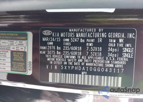 2016 Kia Sorento 2.0T Ex from USA, damaged, VIN 5XYPHDA10GG043117